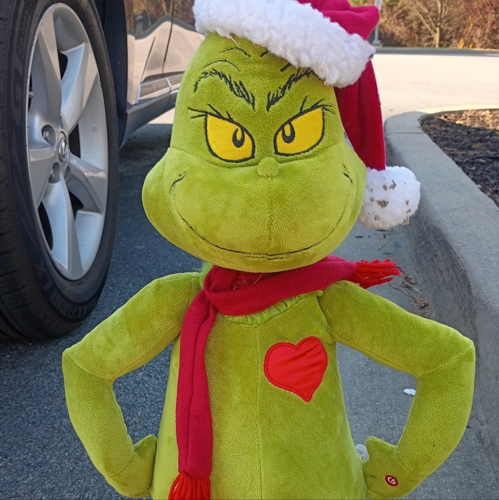 Grinch Plush Holiday Toy with Red Scarf and Santa Hat